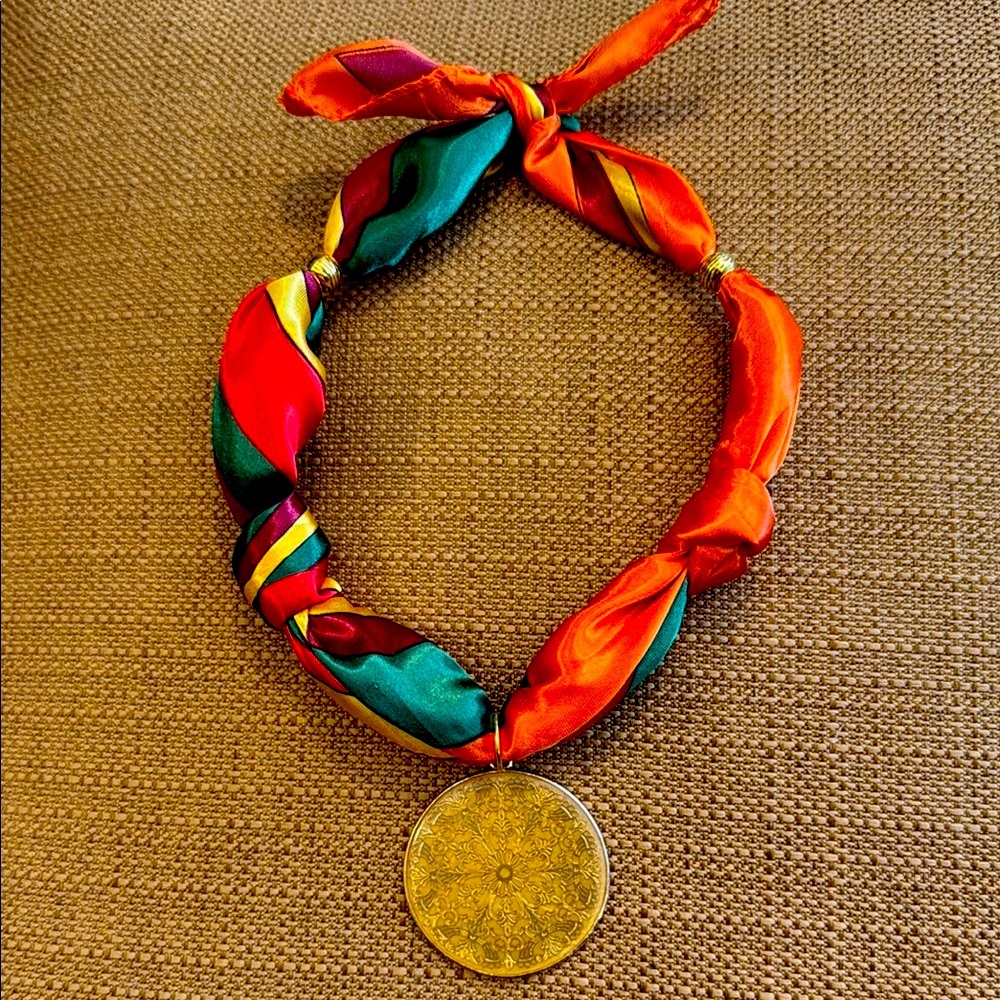 Colorful Silk Scarf Necklace with Vintage Medallion